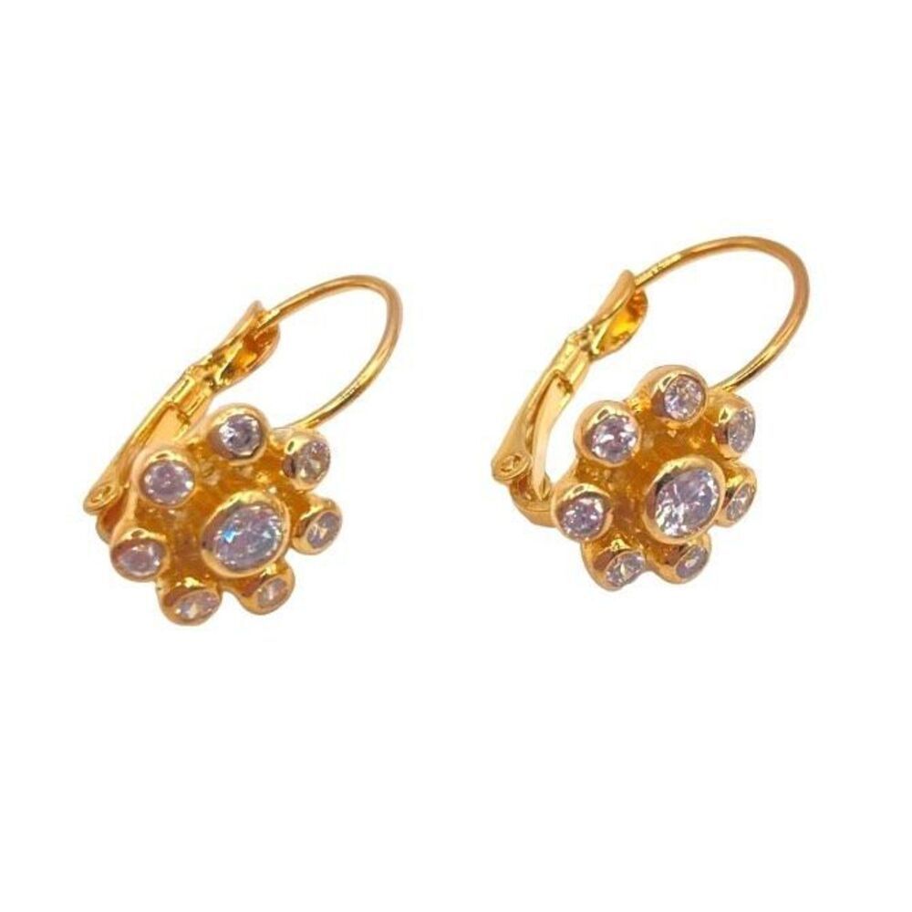Gold rhinestone flower lever back earrings